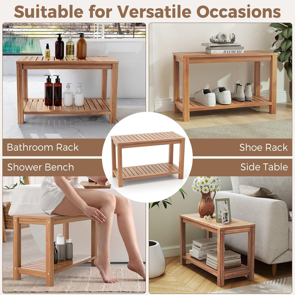 Giantex Teak Shower Bench with Shelf, 30 Inch Shower Stool with Slatted Seat for Elderly Seniors, Waterproof Bathroom Spa Bathing Seat Foot Rest Entryway Bench for Indoor and Outdoor Use