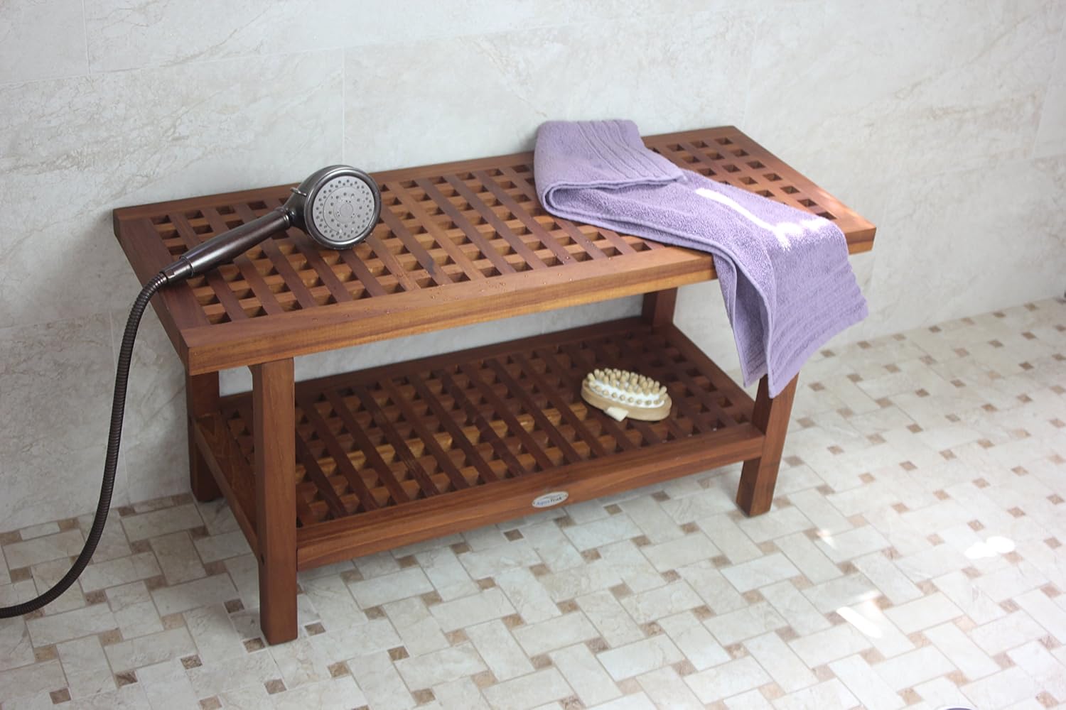 AquaTeak The Original 36' Grate Teak Shower Bench with Shelf Premium Teak Oil