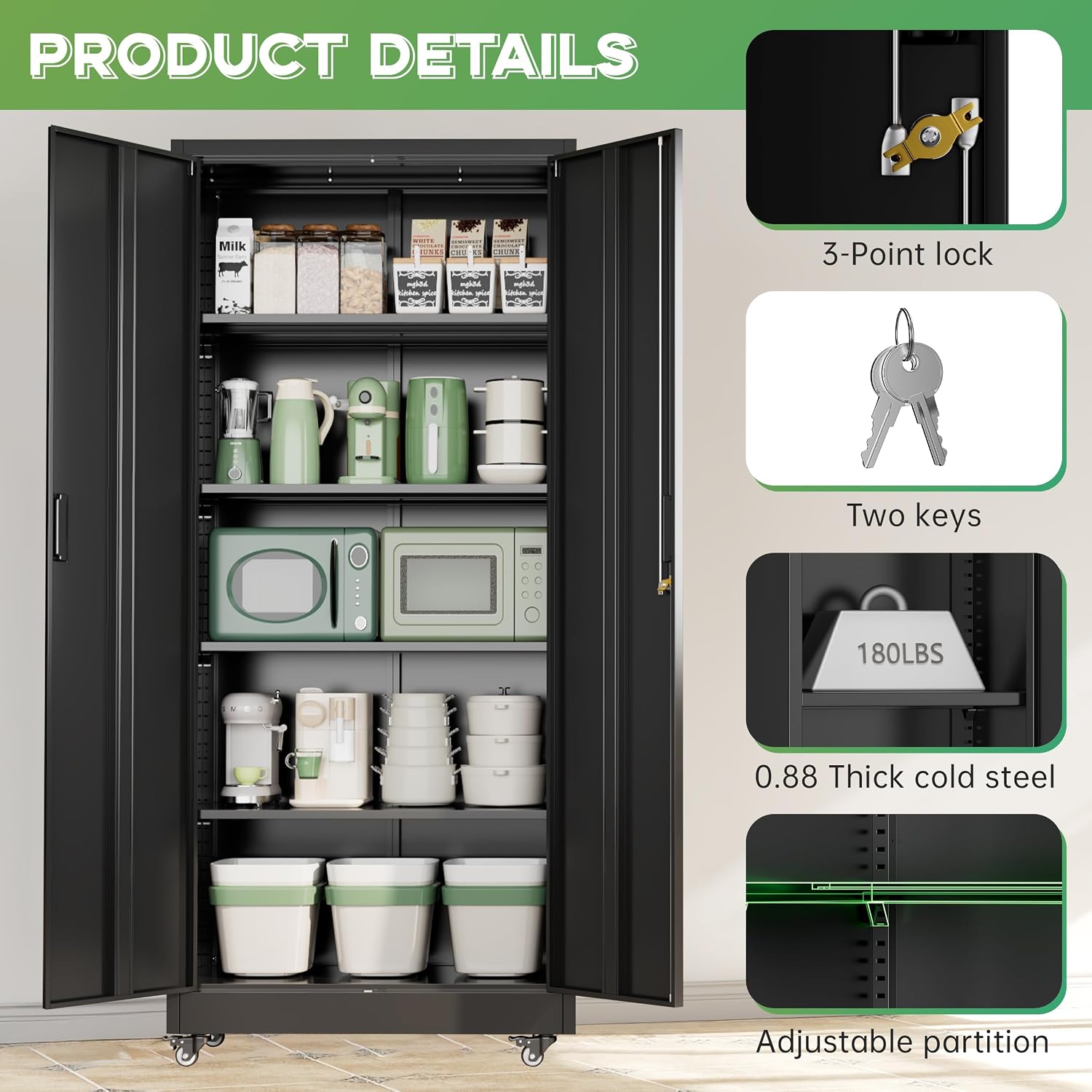 INTERGREAT Metal Storage Cabinet with Wheels, 73' H Rolling Metal Cabinets with Doors and Shelves, Black Steel Lockable Cabinet on Wheels for Garage Storage