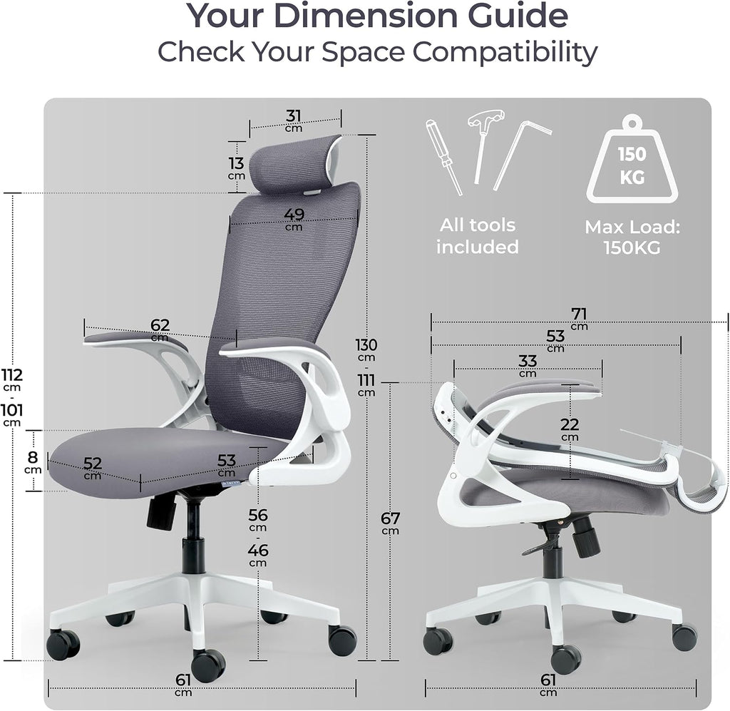 Tervo Model U | Folding Office Chair for Small Spaces | Ergonomic Design with High Rebound Mesh | Computer Desk Chair for Gaming | For Adults & Kids | Foldable & Compact with Flip Up Arms