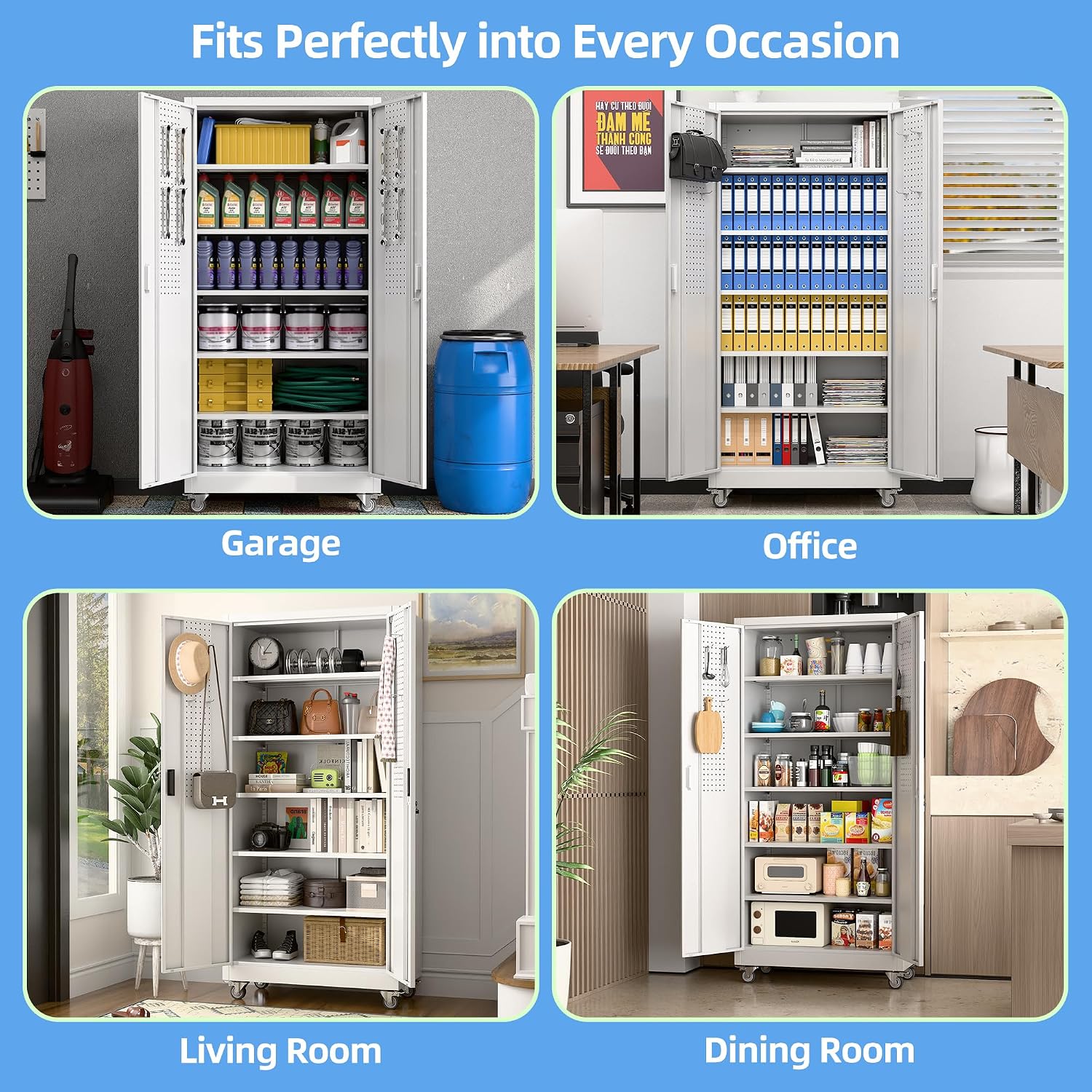 71' Tall Rolling Metal Storage Cabinet with Locking Doors, White Heavy Duty Tool Cabinet with Wheels, 5 Adjustable Shelves & Pegboards for, Workshop, Garage, Warehouse, Assembly Required