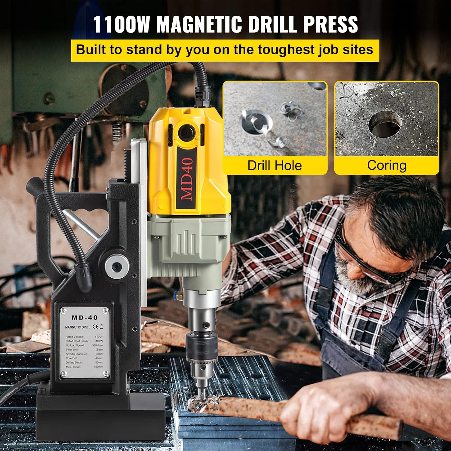VEVOR Magnetic Drill, 1100W 1.57' Boring Diameter, 2697lbf/12000N Portable Electric Mag Drill Press with 12 Drilling Bits, 580 RPM Max Speed Drilling Machine for any Surface and Home Improvement