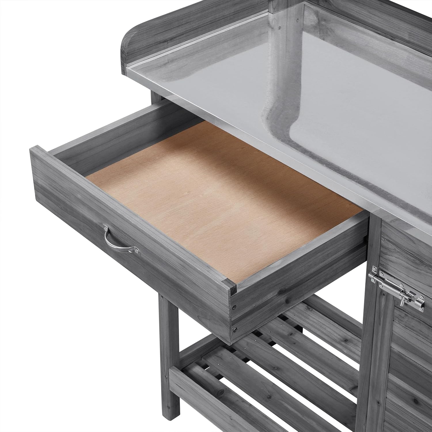 Topeakmart Garden Potting Bench Wooden Workstation Outdoor Wooden Potting Table W/Top Shelf & Lower Shelf & Cabinet Drawer & Open Shelf Gray