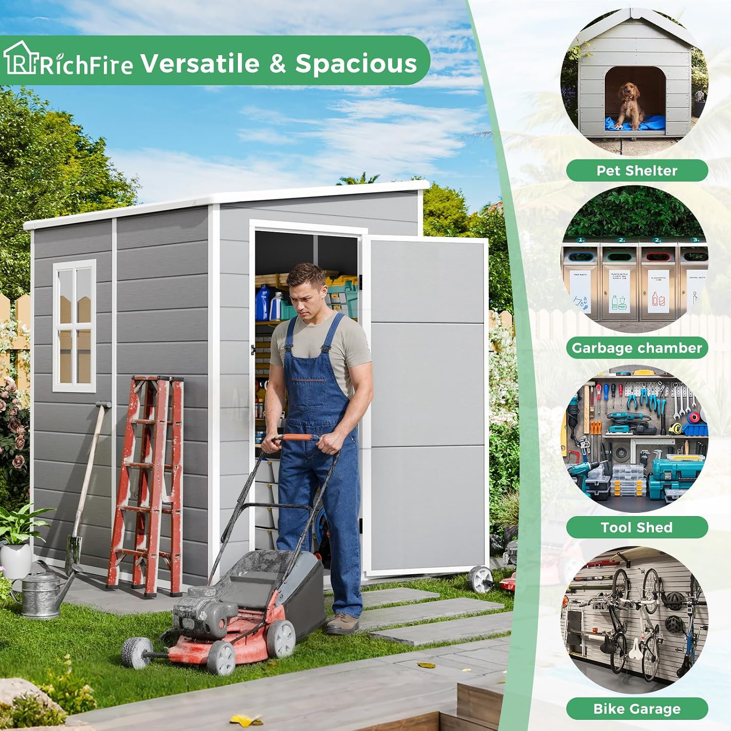 5x4 FT Plastic Outdoor Storage Sheds with Floor and Lockable Door, Compact Resin Outdoor Storage Cabinet Waterproof, Garden Shed/Tool Shed for Backyard, Patio, Lawn, Grey