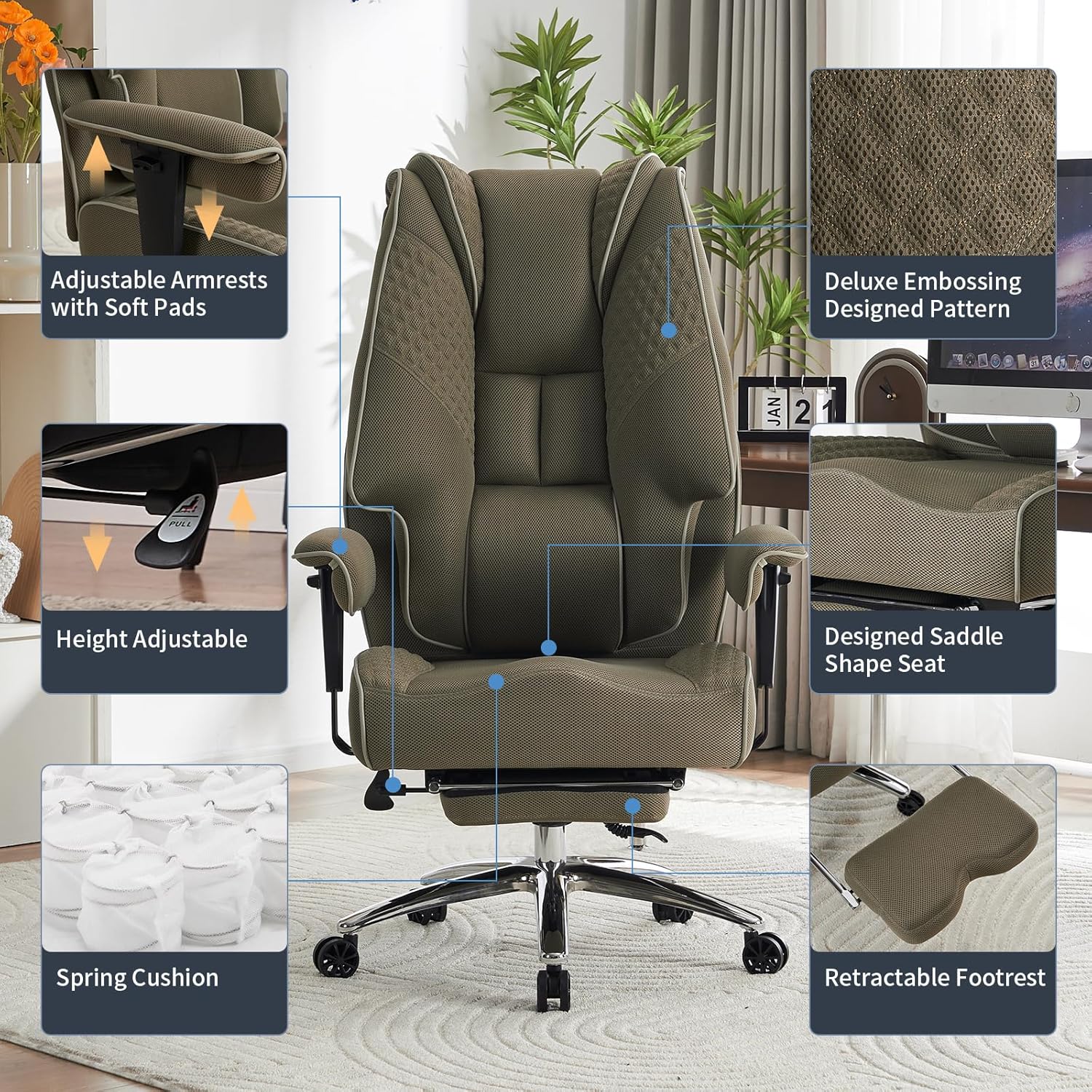 EXCEBET Big and Tall Office Chair 400lbs Wide Seat, Mesh High Back Executive Office Chair with Foot Rest, Ergonomic Chairs Lumbar Support for Lower Back Pain Relief (Mesh Light Green)