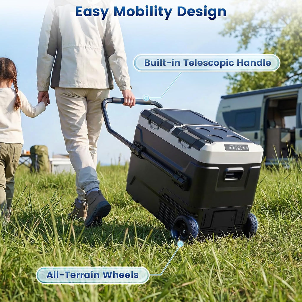 HCALORY 12 Volt Car Refrigerator 53QT/ 50L Car Fridge, Dual Zone Electric Cooler for Vehicles with Wheels and Handle -4℉~68℉, 12/24V DC 100-240V AC Portable Freezer for Camping, Travel, Truck, Home