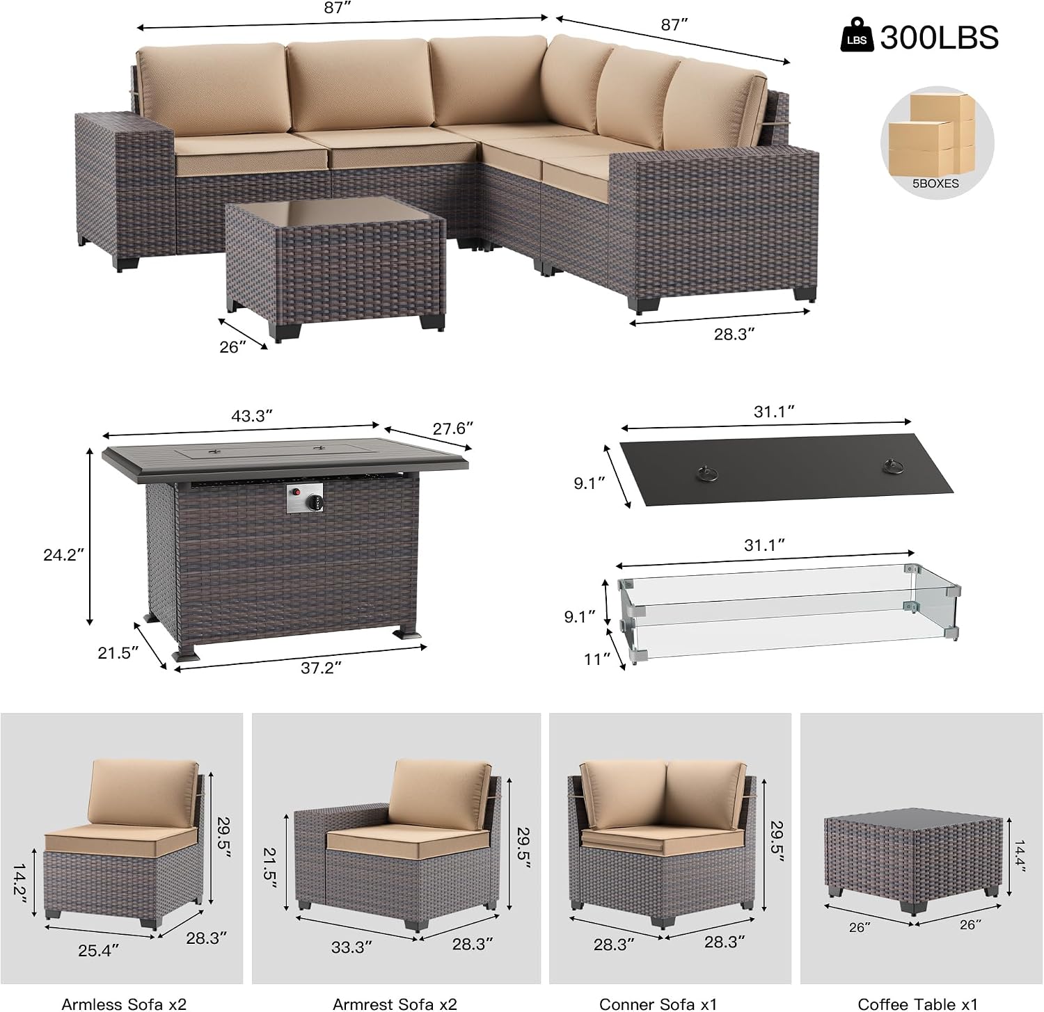 7 Pieces Outdoor Patio Furniture Set with 43'/55000BTU Gas Fire Pit Table,PE Rattan Wicker Outdoor Conversation Sofa Set Non-Slip Cushions Waterproof Covers for Backyard,Poolside,Garden,Sand