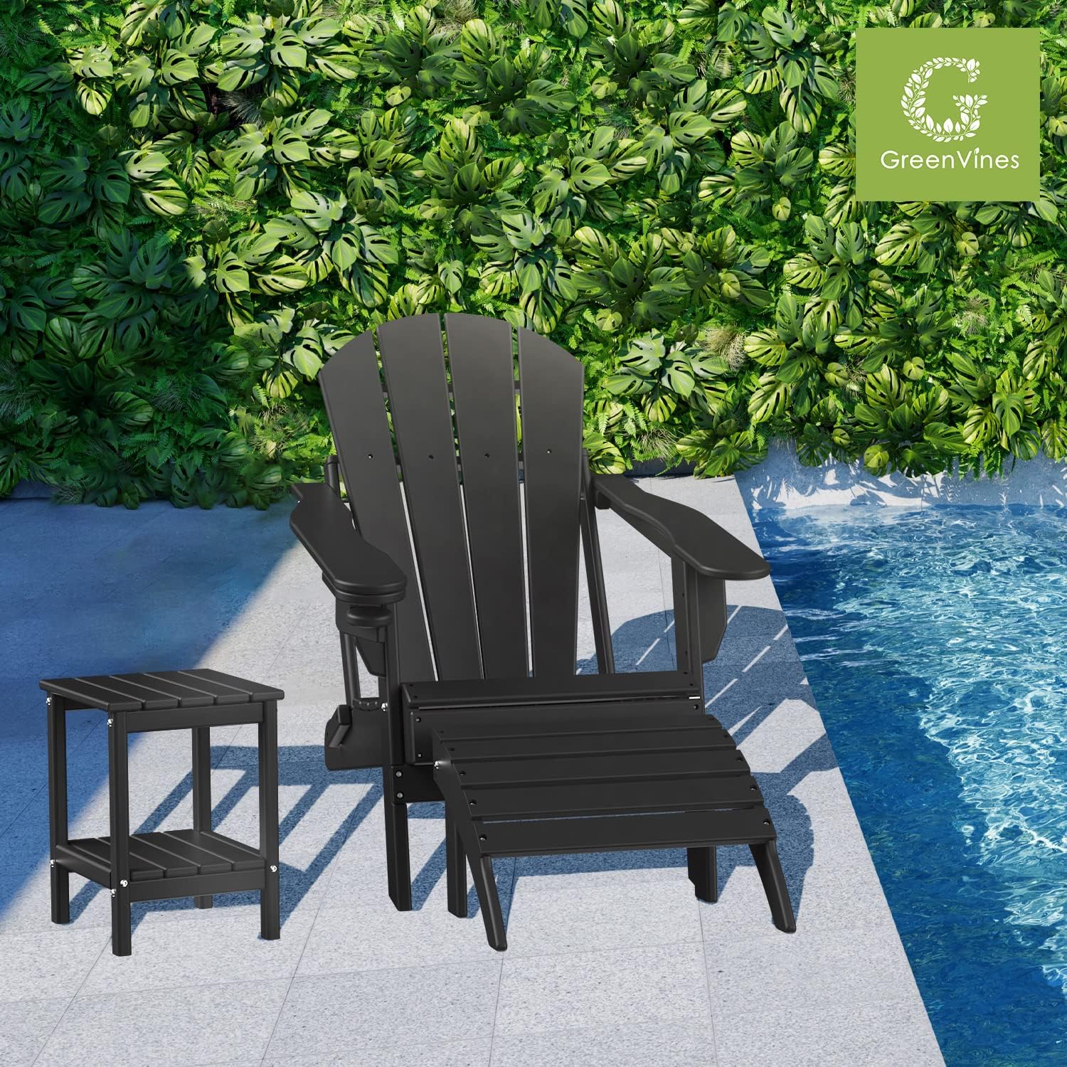 GREENVINES Adirondack-Outdoor-Side-Table | Set of 4 | 14 x 13 Inches | HDPE Plastic | All Weather | Black | Outside End Tables | Storage Shelf | for Patio Porch Backyard Indoor