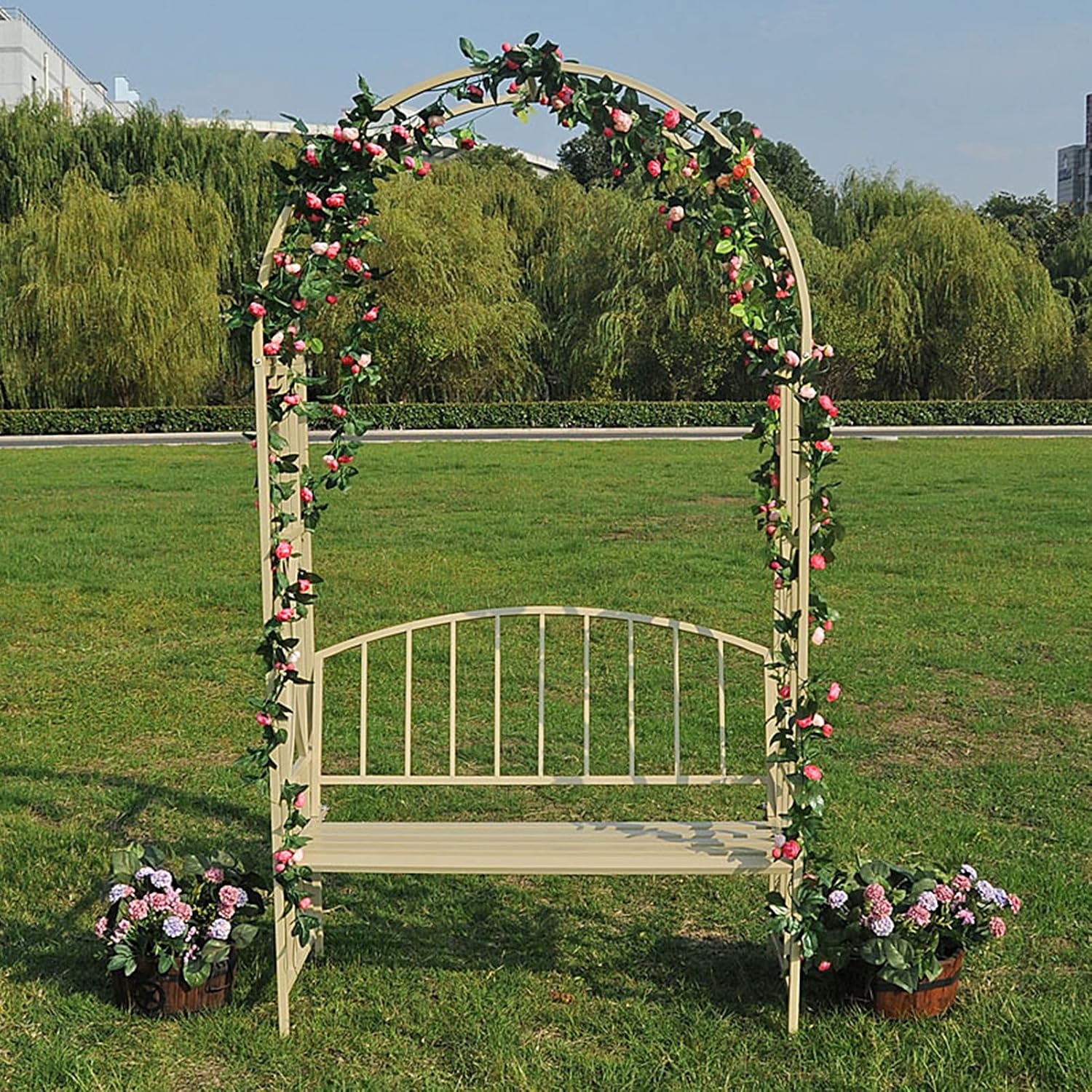 Outdoor Garden Bench,Garden Arch Wedding Decoration, Metal Garden Pavilion Arch Pergola with Relaxing Benches, Used for Rock Climbing Plants Lawn Backyard Clim,White
