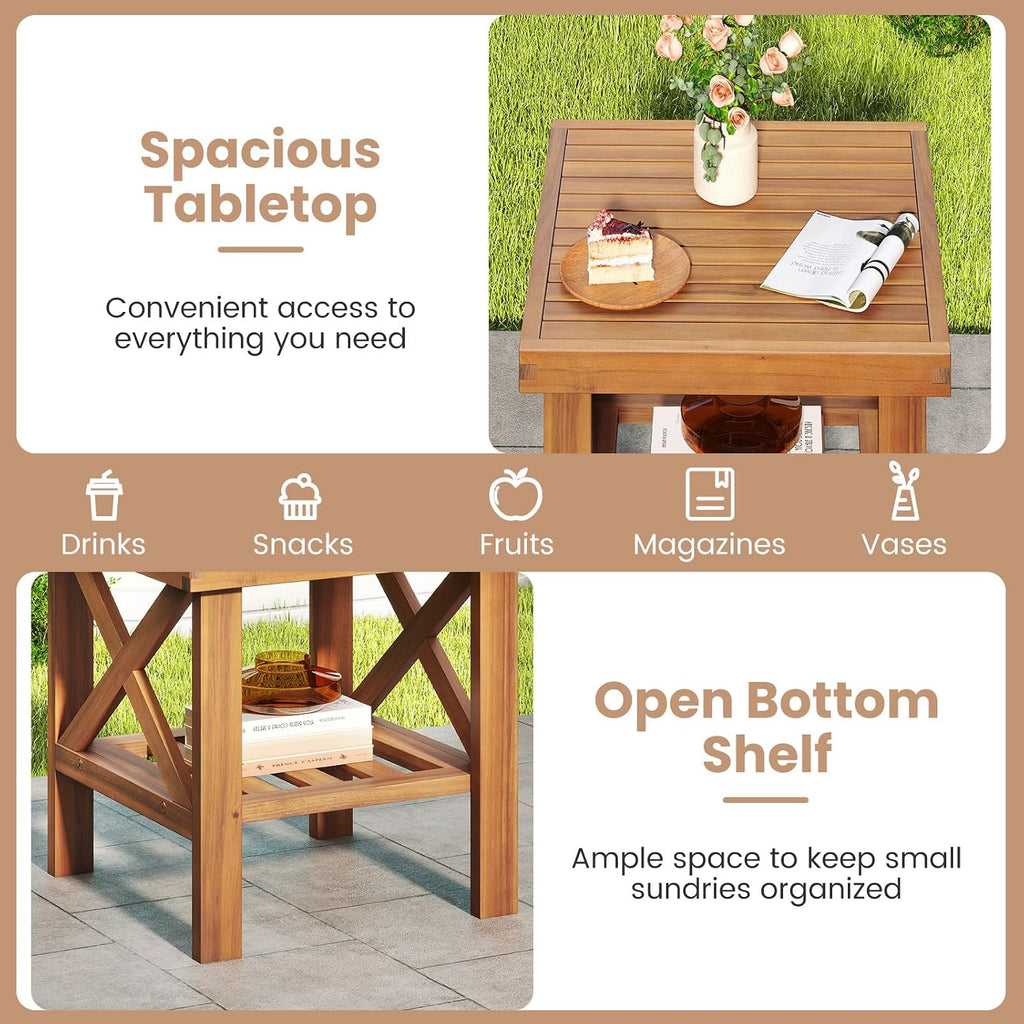 Tangkula Outdoor Side Table, 2-Tier Acacia Wood Adirondack Bistro Small Square Patio Table with Slatted Tabletop & Storage Shelf, for Yard, Deck, Garden, Poolside (2)