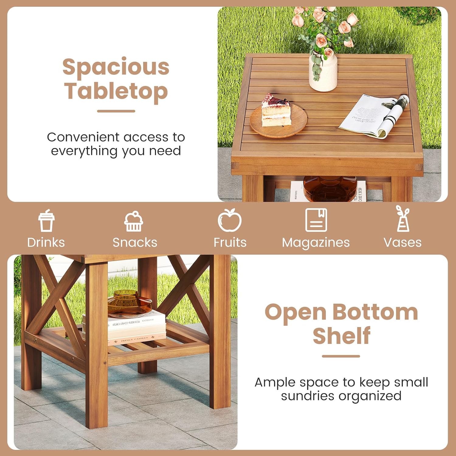 Tangkula Outdoor Side Table, 2-Tier Acacia Wood Adirondack Bistro Small Square Patio Table with Slatted Tabletop & Storage Shelf, for Yard, Deck, Garden, Poolside (2)