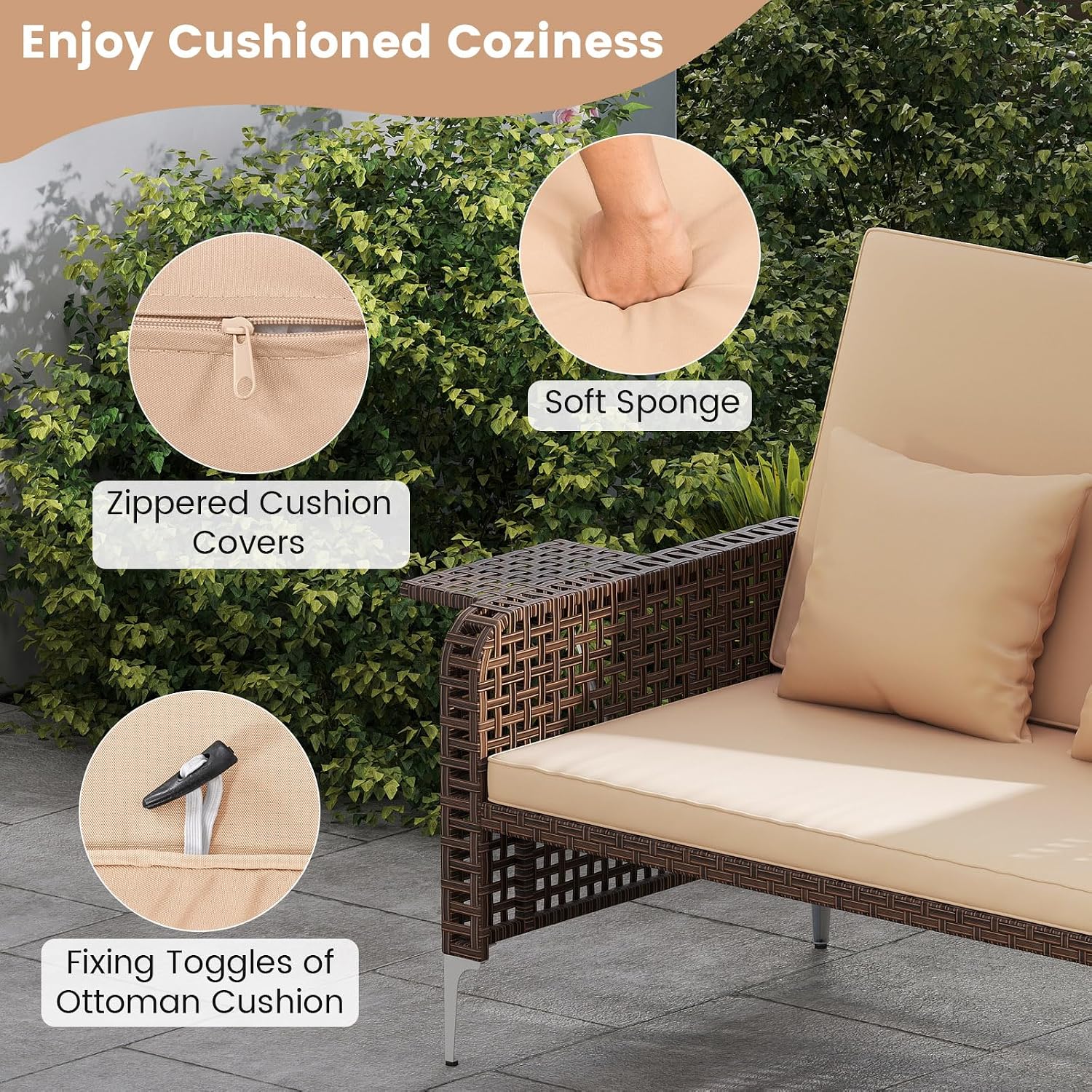 Tangkula Patio Rattan Daybed with 4-Level Adjustable Backrest, Boho Outdoor Wicker Loveseat & Storage Ottoman with Cushion, 2-Person Sun Lounger with Folding Tables for Poolside, Backyard & Garden