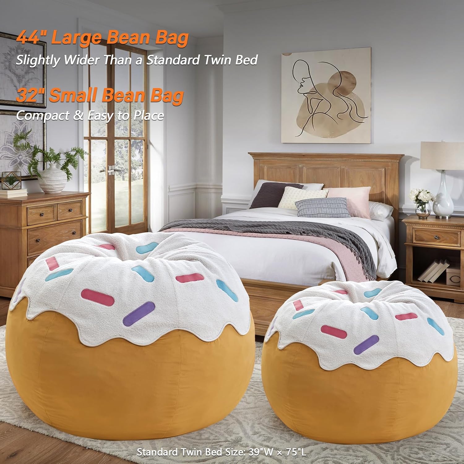 Donut Bean Bag Chair - Cute Bean Bag Sofa with Filler - Ideal for Girls Room and Dorm Decor - Oversized Lounge Chair for Teens and Kids - Plush BeanBag Furniture for Bedroom Living Room - 41inch
