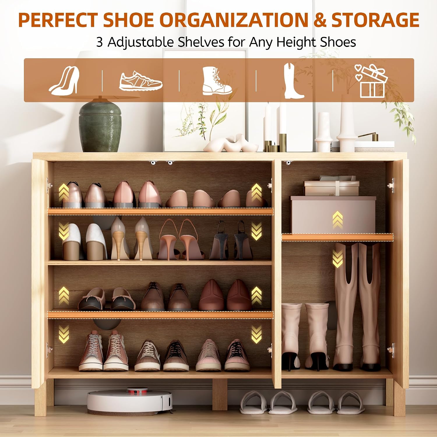 Vlsrka Shoe Cabinet with 3 Doors, Narrow Wooden Shoe Cabinet, Hidden Shoe Storage for Entryway, Foyer, Hallway (Brown D)