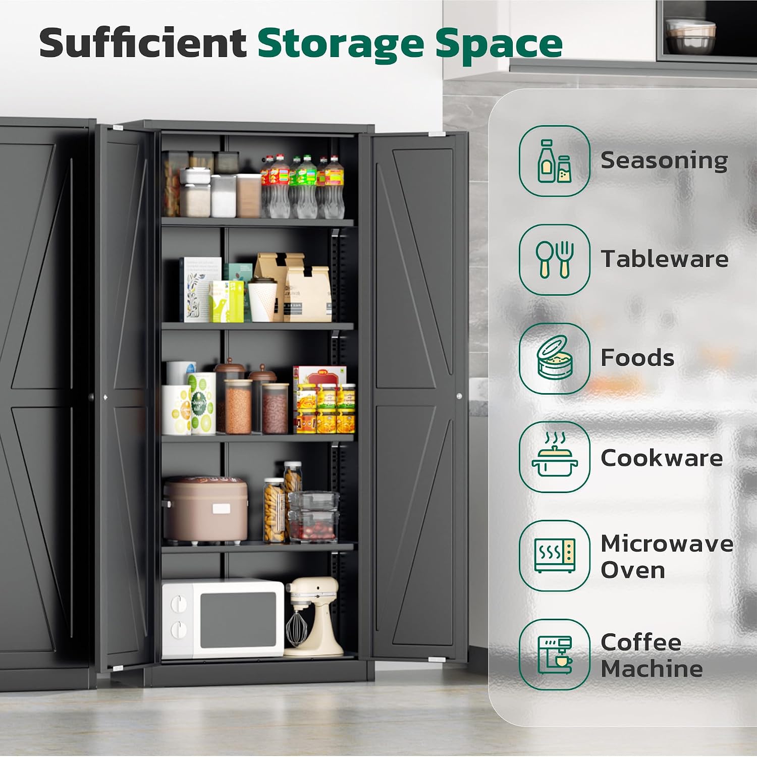 Greenvelly 63' H Black Farmhouse Metal Pantry Cabinet, Kitchen Pantry Storage Cabinets with 2 Doors and Adjustable Shelves, Kitchen Pantry Cabinets for Home, Garage and Bedroom