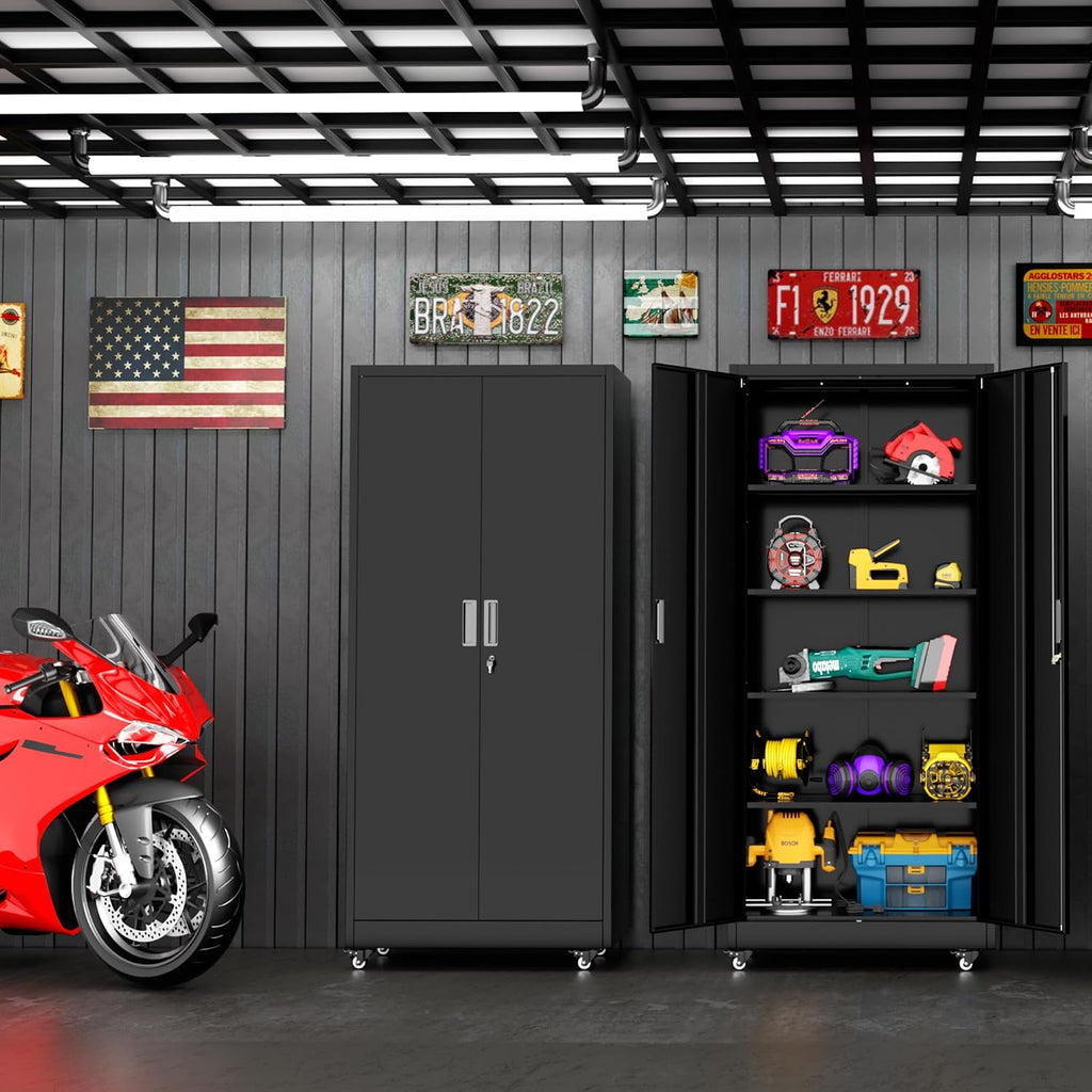 Superday Garage Storage Cabinet with Wheels，73' H Metal Storage Cabinet with Doors and Adjustable Shelves, Lockable Steel Utility Tool Cabinets for Garage, Home Office, Kitchen(Black)