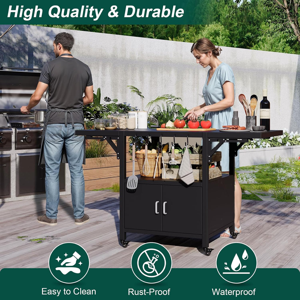 59' L Outdoor Grill Table for Big Green Egg Accessories, Heavy Duty Metal Cart Prep Table with Detachable Desktable, Hooks, Removable Central Cover, Compatible with Egg Grill and Tabletop Griddle