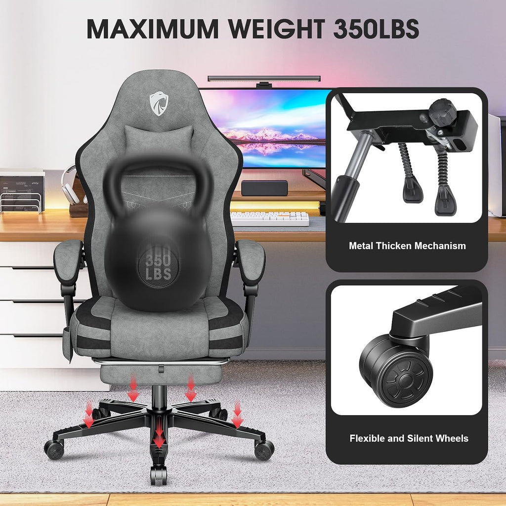 Gaming Chair, Fabric Computer Office Chair with Massage, Ergonomic Chair with Footrest Lumbar Support, Pocket Spring Widened Cushion Metal Legs 350LBS Light Gray