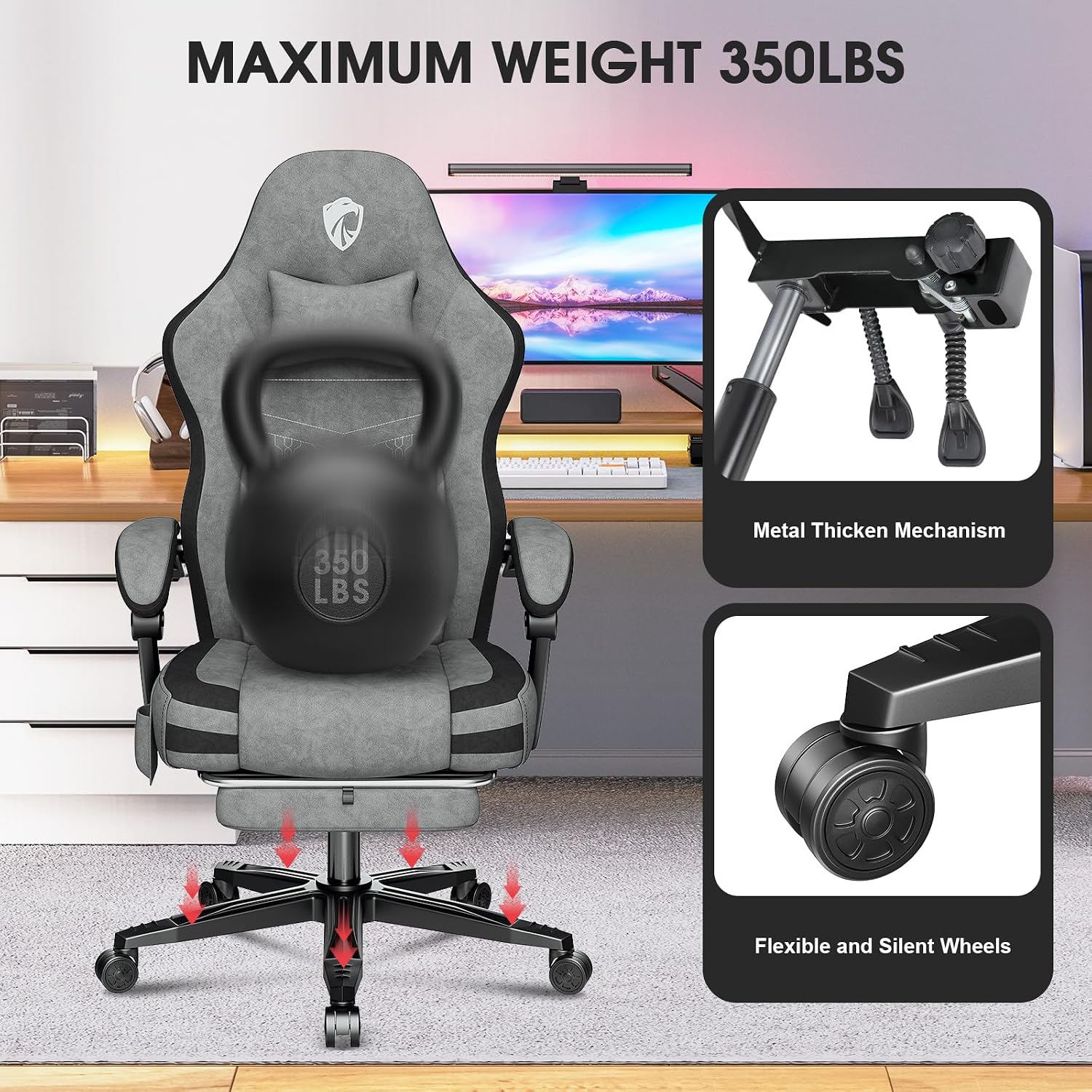 Gaming Chair, Fabric Computer Office Chair with Massage, Ergonomic Chair with Footrest Lumbar Support, Pocket Spring Widened Cushion Metal Legs 350LBS Light Gray
