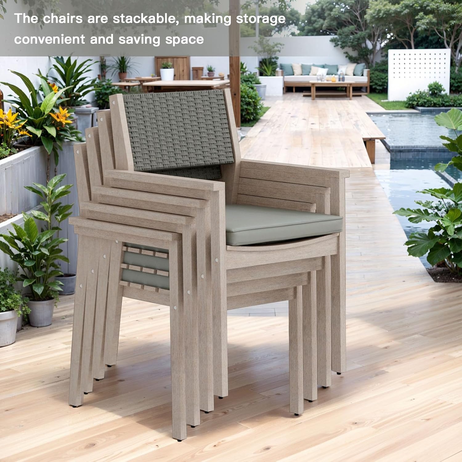 7 Piece Patio Dining Sets, Outdoor Acacia Wood Table and Wicker Back Chairs with Cushions, All Weather Patio Furniture Set for Lawn, Porch, Deck, Yard & Poolside