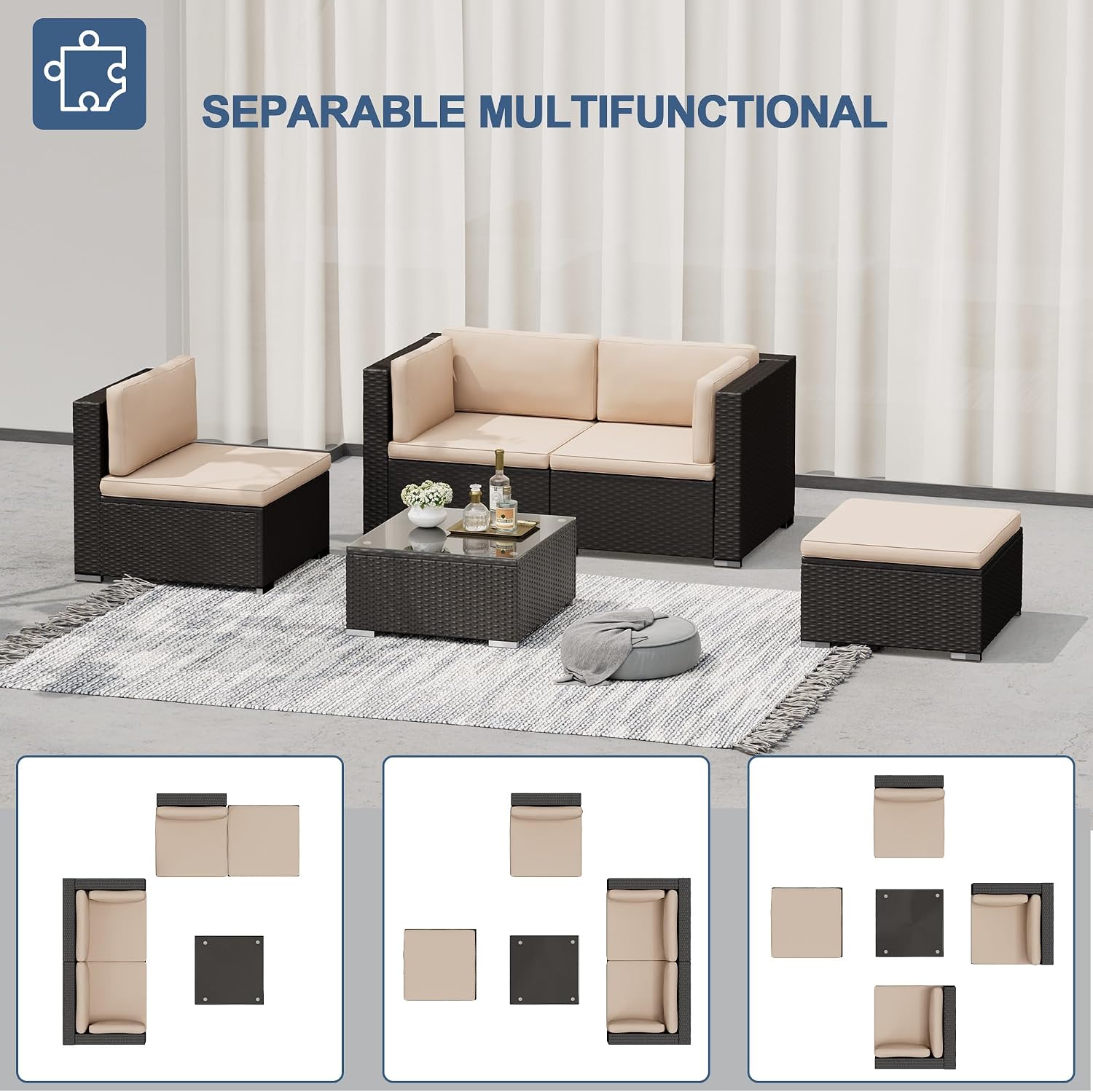 Oakcloud 5-Piece Outdoor Patio Furniture Sofa Set Black Rattan Wicker Sectional Conversation Sets with Glass Top Table and Cushions(Brown)