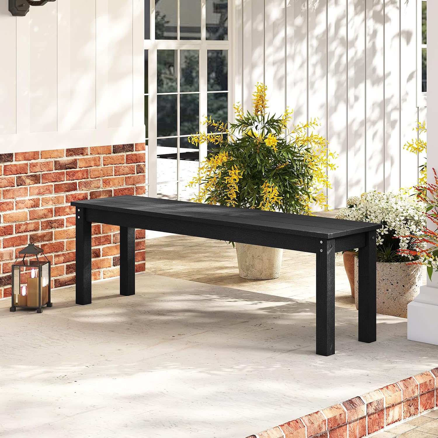Tangkula HDPE Outdoor Bench, 2-3 Person Patio Bench, 55' Backless Garden Dining Bench with Slatted Seat, Weatherproof Park Bench for Entryway, Porch, Lawn & Backyard (Black,2)