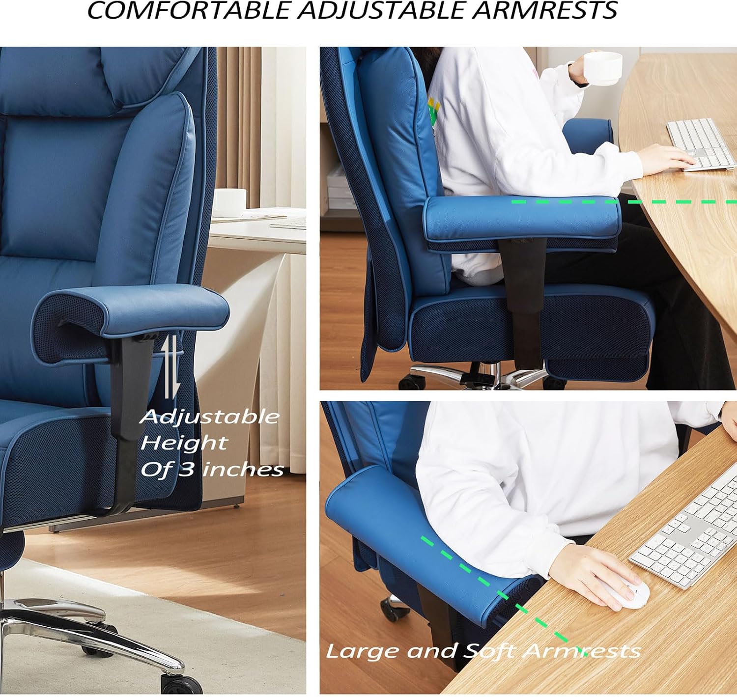 Efomao Big and Tall Office Chair 400lbs - Heavy Duty Executive Desk Chair with Foot Rest & 23' Wide Seat - High Back Ergonomic Leather Computer Chair for Heavy People, Home Office, Blue