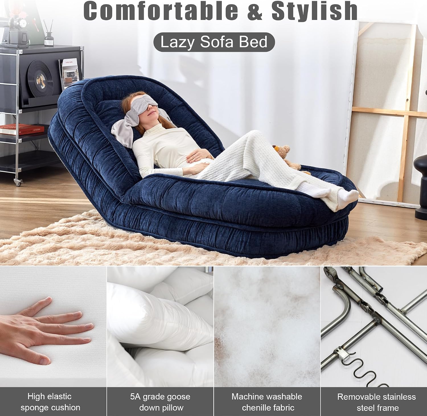 LouannTatami Foldable Lazy Sofa Bed Floor Chair - Adjustable Human Dog Bed for Adults Kids Floor Seats - Cozy Small Couch for Home Living Room(Blue)