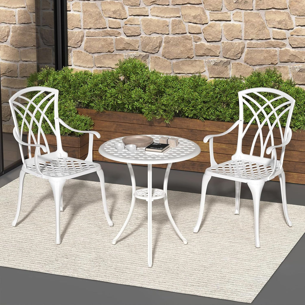 Patio Bistro Set 3 Piece, Cast Aluminum Bistro Set for 2 w/Umbrella Hole, Outdoor Table and Chairs Set of 2, Bistro Set for Balcony/Backyard/Garden, White
