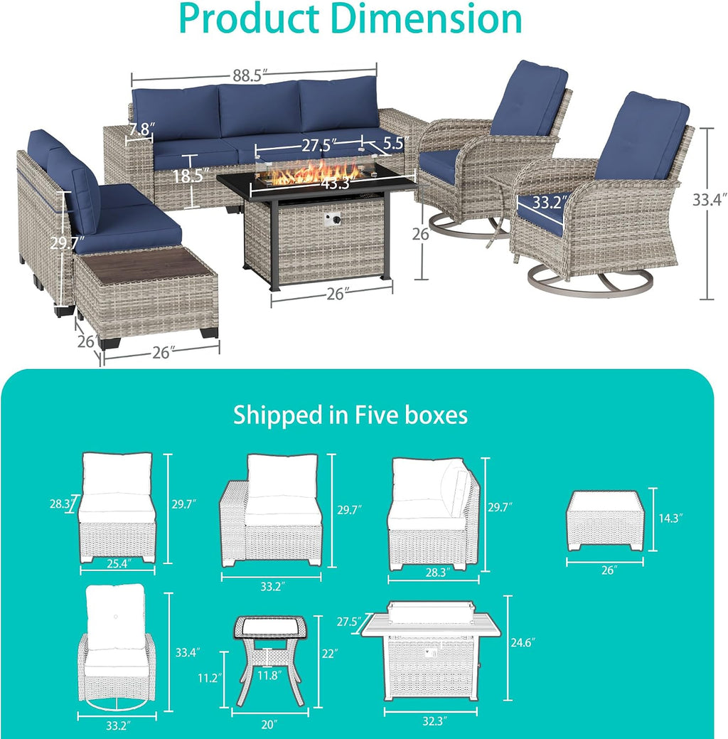 10-Piece Outdoor Patio Furniture Set with Rocking Swivel Chair, PE Wicker Rattan Sectional Sofa Patio Conversation Set with 55,000 BTU Fire Pit Table & Coffee Table, Navy Blue