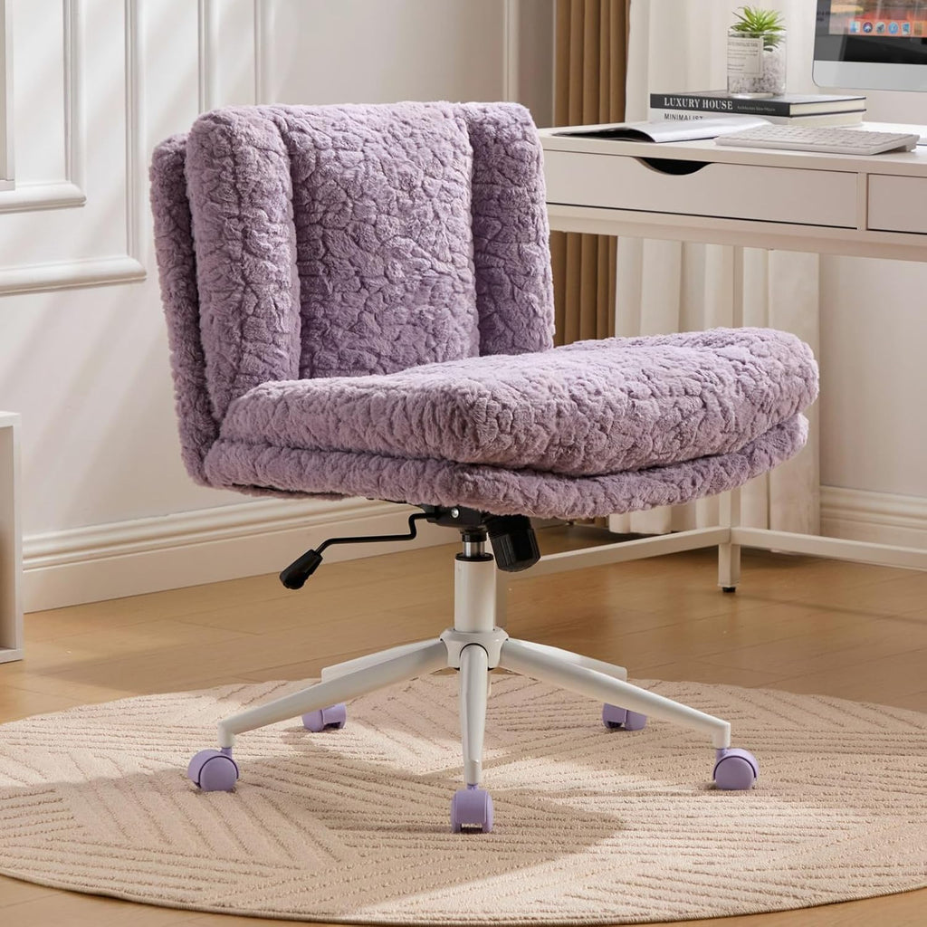 Shenyon Criss Cross Chair with Wheels, Wide Cross Legged Office Chair with 2 Layer Cushions & Back, Adjustable Swivel Home Office Chair, Comfy Faux Fur Makeup Vanity Chair for Girls Women, Violet