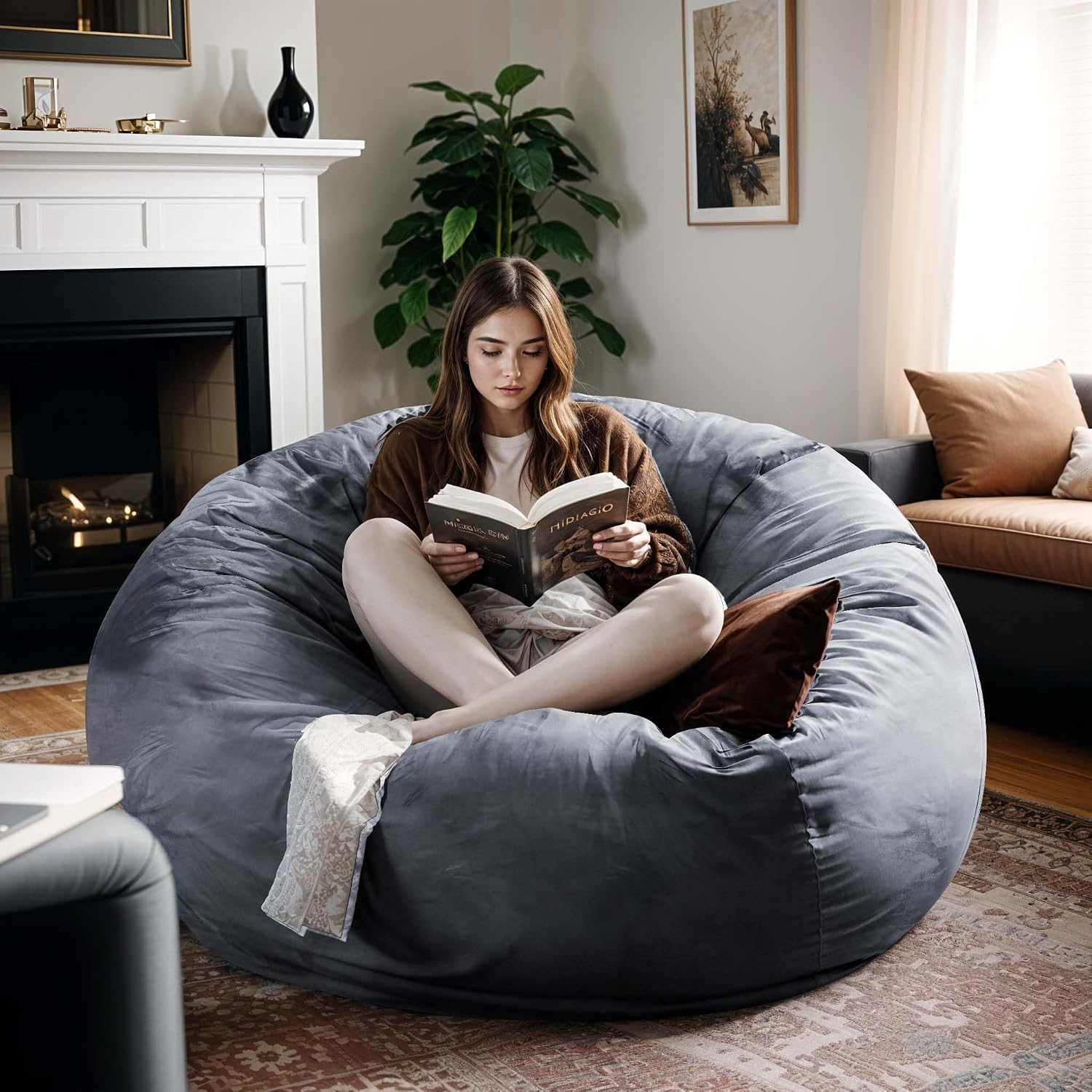 Giant 5ft Bean Bag Chairs for Adults, 5FT Oversized Bean Bag for Teens, Memory Foam Bean Bag with Removable Dutch Velet Cover, Grey