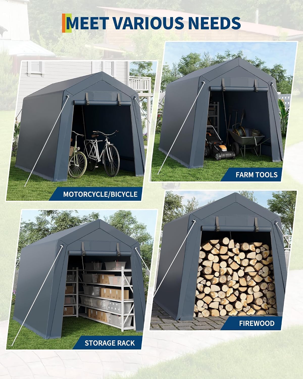 GarveeLife Portable Outdoor Storage Shed with Roll-Up Zipper Door & Vent, 240G Heavy-Duty Shelter Waterproof PE Tarp, UV-Resistant Carport for Motorcycle, Firewood, Tools (Gray, 7'x10')