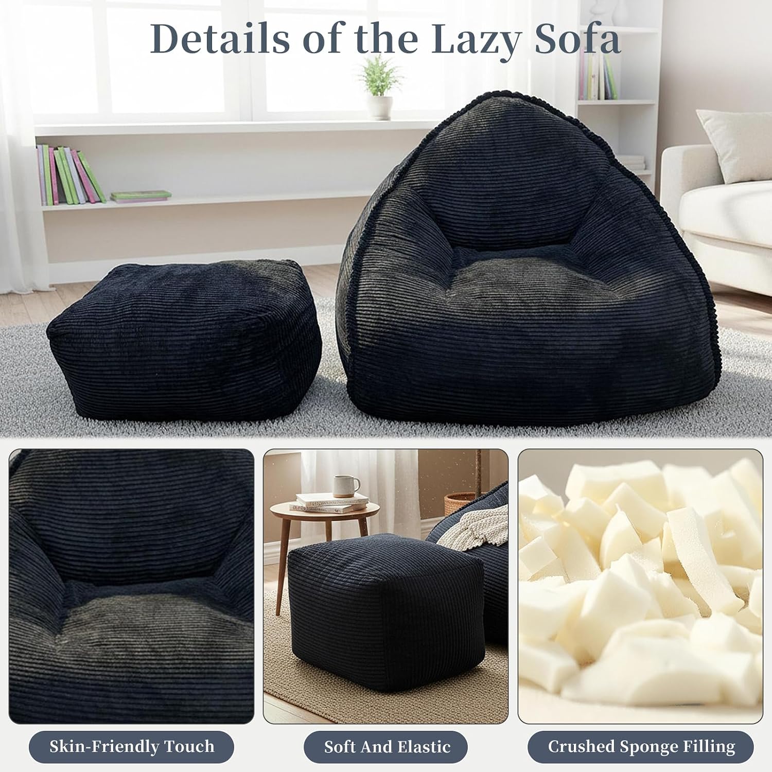 Ultra Soft Bean Bag Chair for Adults with Ottoman, Oversized Floor Sofa for Living Room, Gaming, Lounging, Napping (Black)
