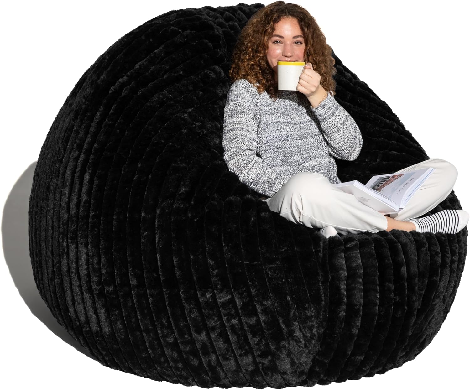 Jaxx 6 Foot Cocoon - Large Bean Bag Chair for Adults, Premium Luxe Faux Fur - Mondo Black