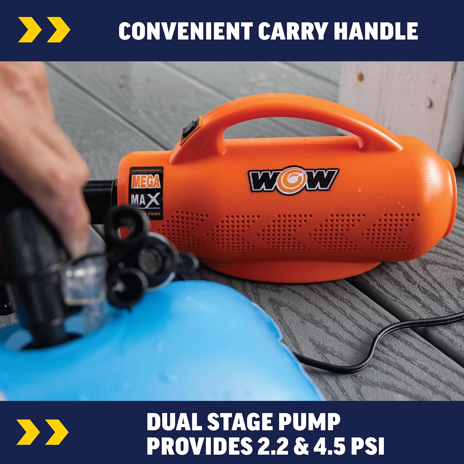 Wow Sports Mega Max Power Pump - 110V AC - 3.0 PSI - 1,500 L/min - 10 ft Cable - for Swimming & Boating Inflatables