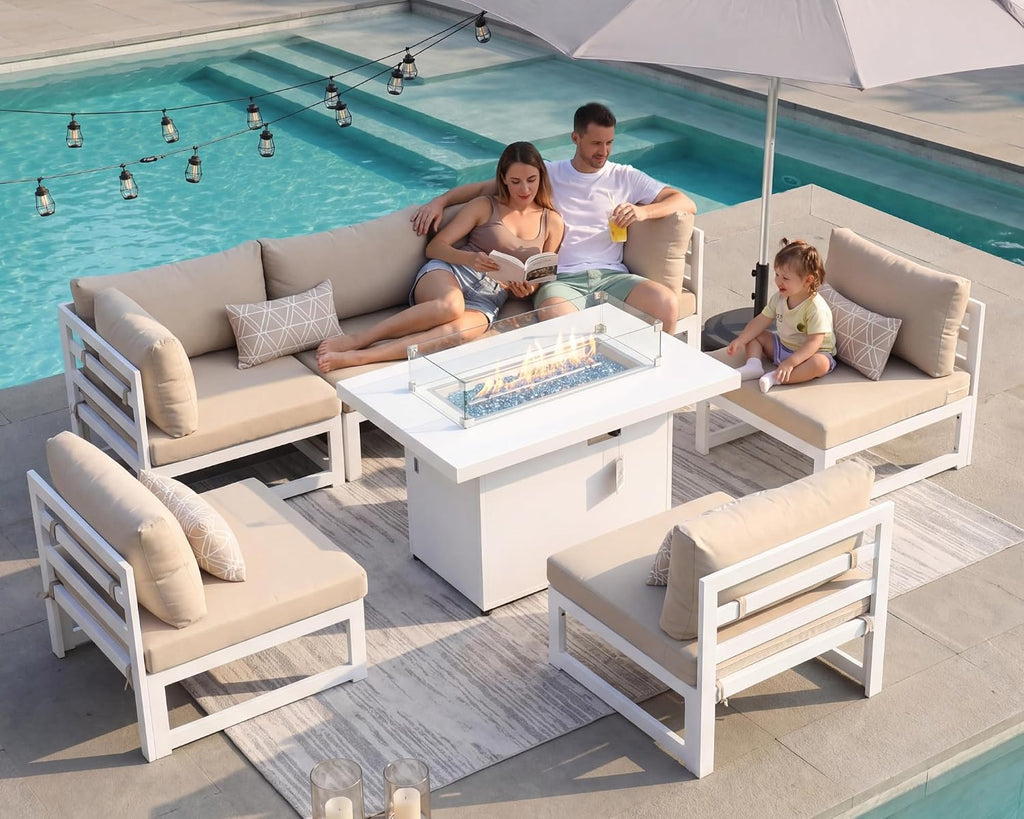 NICESOUL 6 People Large Luxury Aluminum Patio Conversation Set with Fire Pit Table Propane/Gas, 29' Deep Wide U Shaped Sectional Couch, 500 lbs Heavy Duty All Weather Outdoor Sofa for Backyard, Beige
