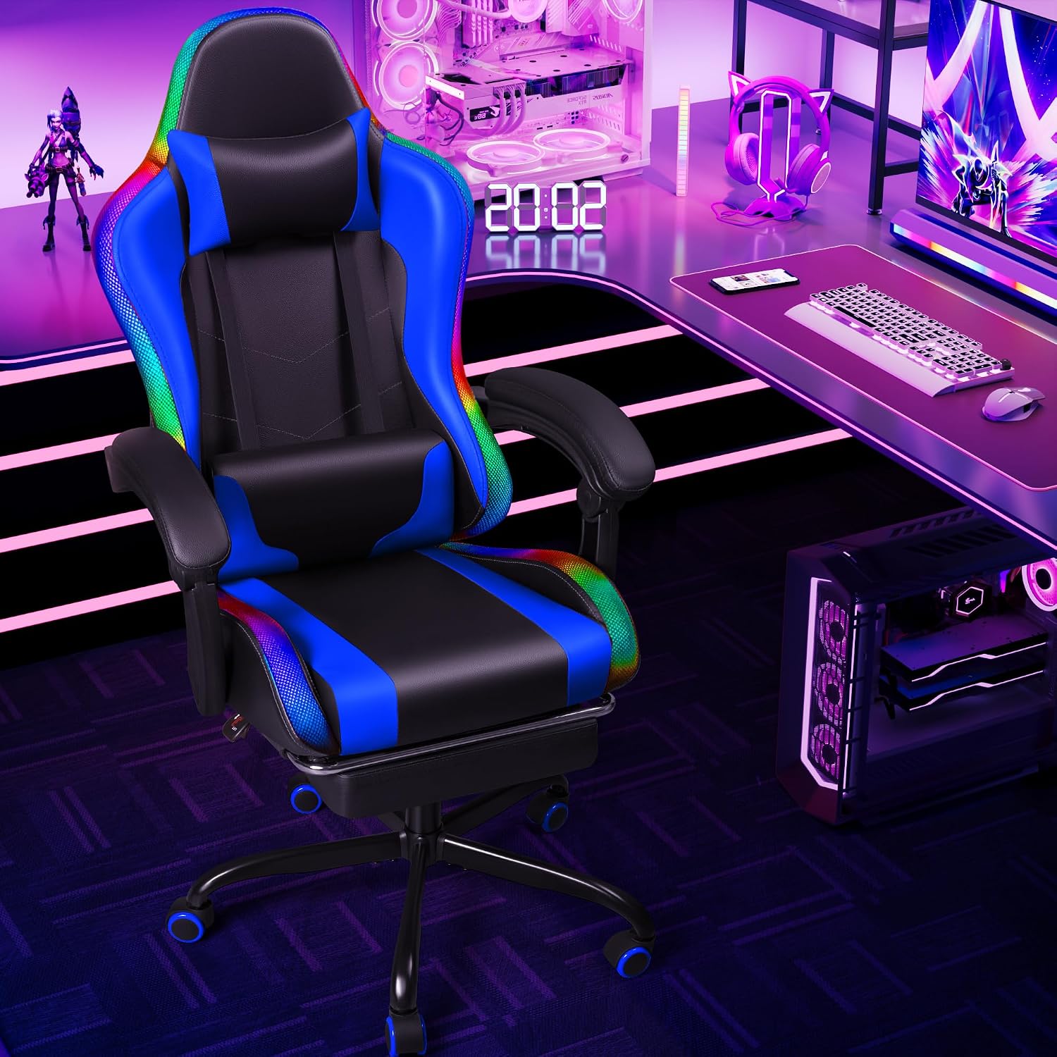 Shahoo Gaming Chair with LED Lights, Footrest and Massage Lumbar Support, Ergonomic Computer Seat Height Adjustable with 360°Swivel and Headrest, Blue with RGB