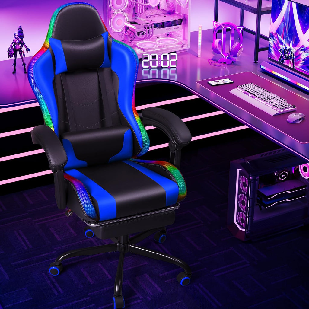 Shahoo Gaming Chair with LED Lights, Footrest and Massage Lumbar Support, Ergonomic Computer Seat Height Adjustable with 360°Swivel and Headrest, Blue with RGB