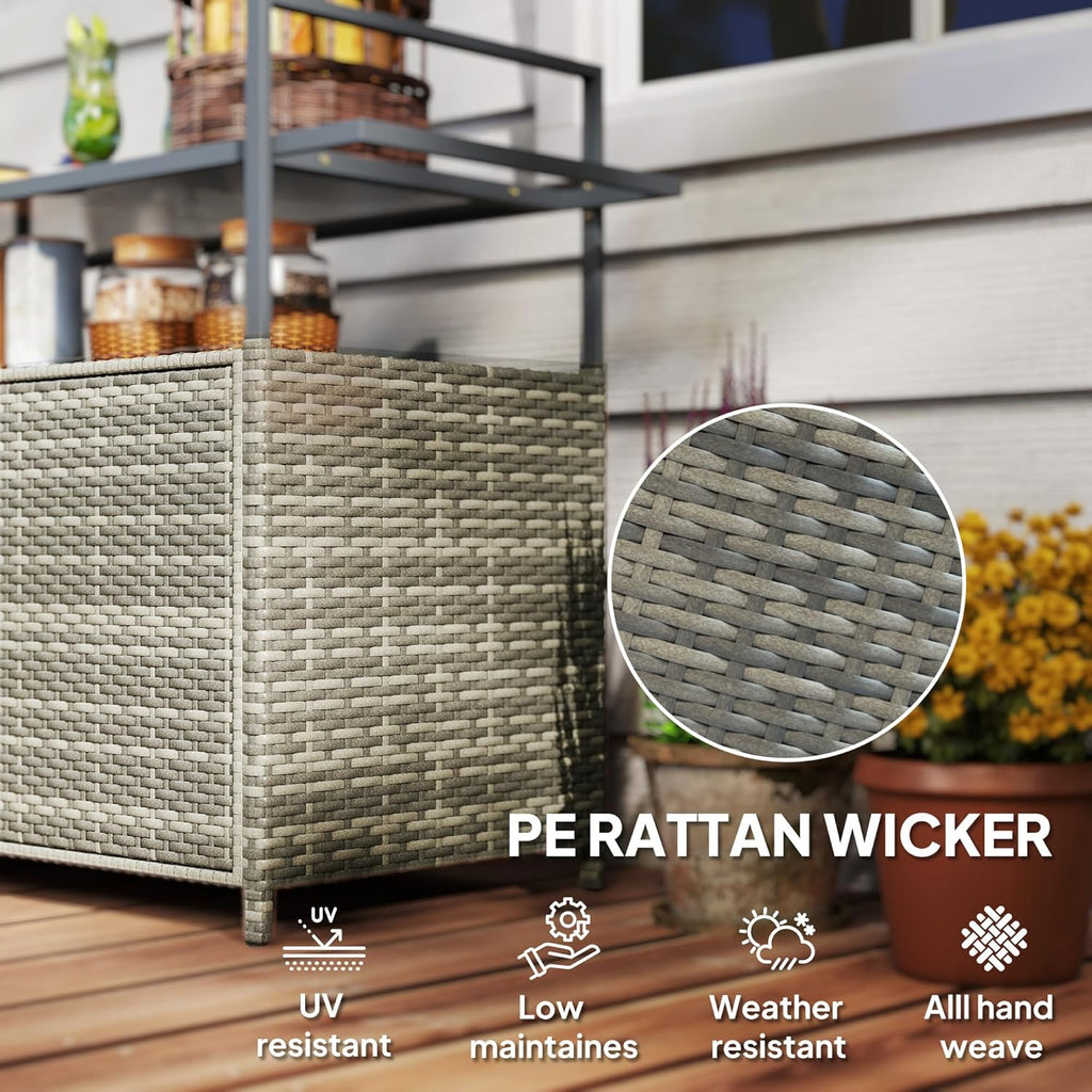Outsunny PE Rattan Outdoor Storage Cabinet, Wicker Outdoor Bar Table Kitchen Island with Wheels & 2-Tier Shelf, Patio Serving Cart with Glass Top, Handles, Towel Racks for Poolside, Mixed Gray