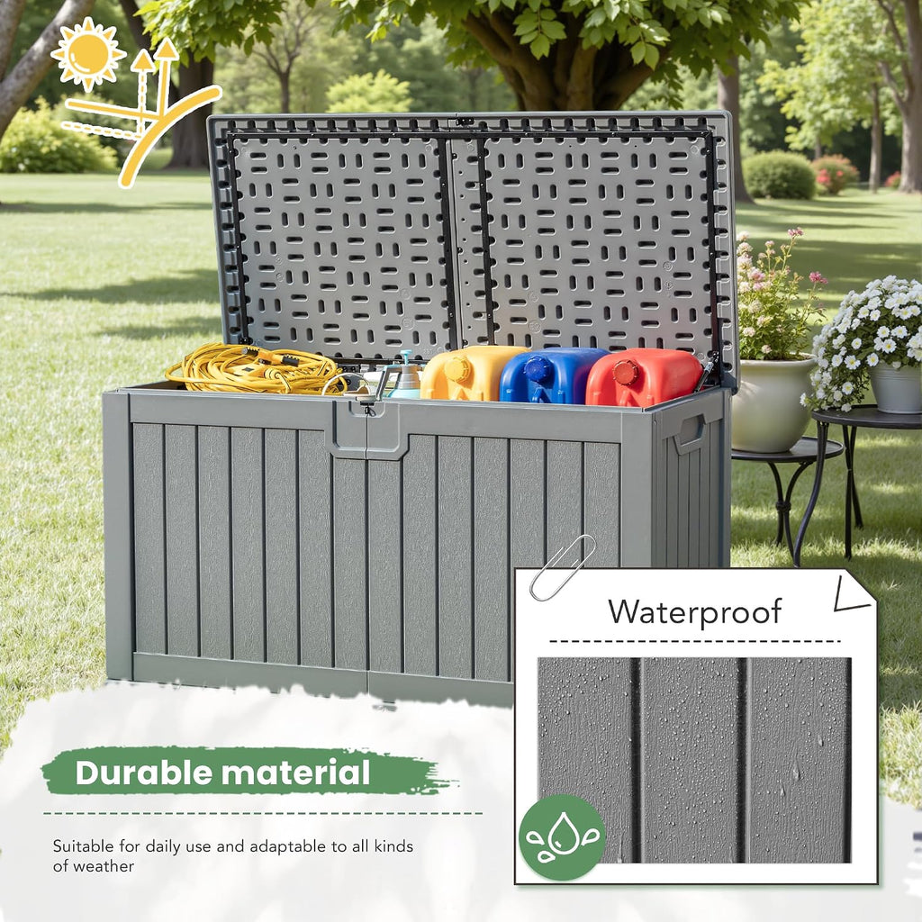 Greesum 230 Gallon HDPE Outdoor Storage Box with Removable Dividers, Weatherproof Oversized Deck Box for Patio, Garage, Garden, Gray
