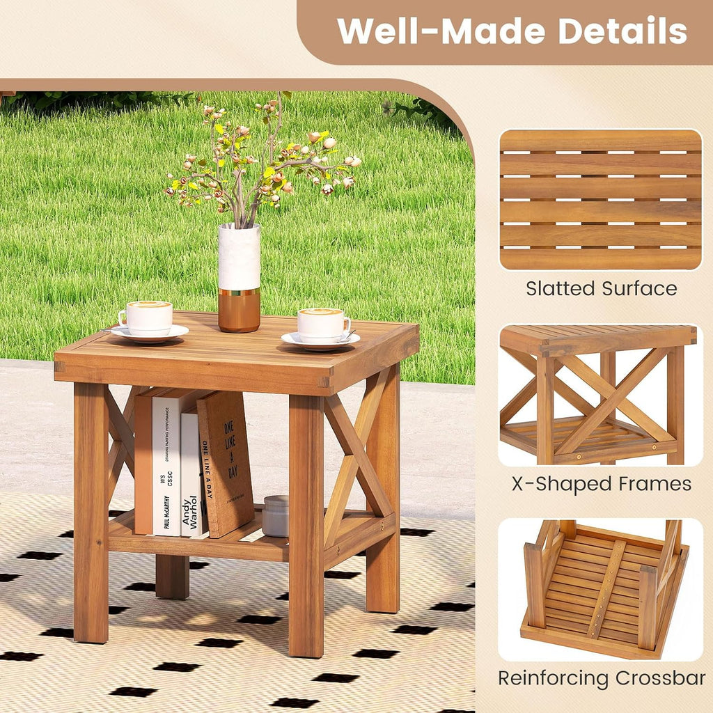 Tangkula Outdoor Side Table, 2-Tier Acacia Wood Adirondack Bistro Small Square Patio Table with Slatted Tabletop & Storage Shelf, for Yard, Deck, Garden, Poolside (2)
