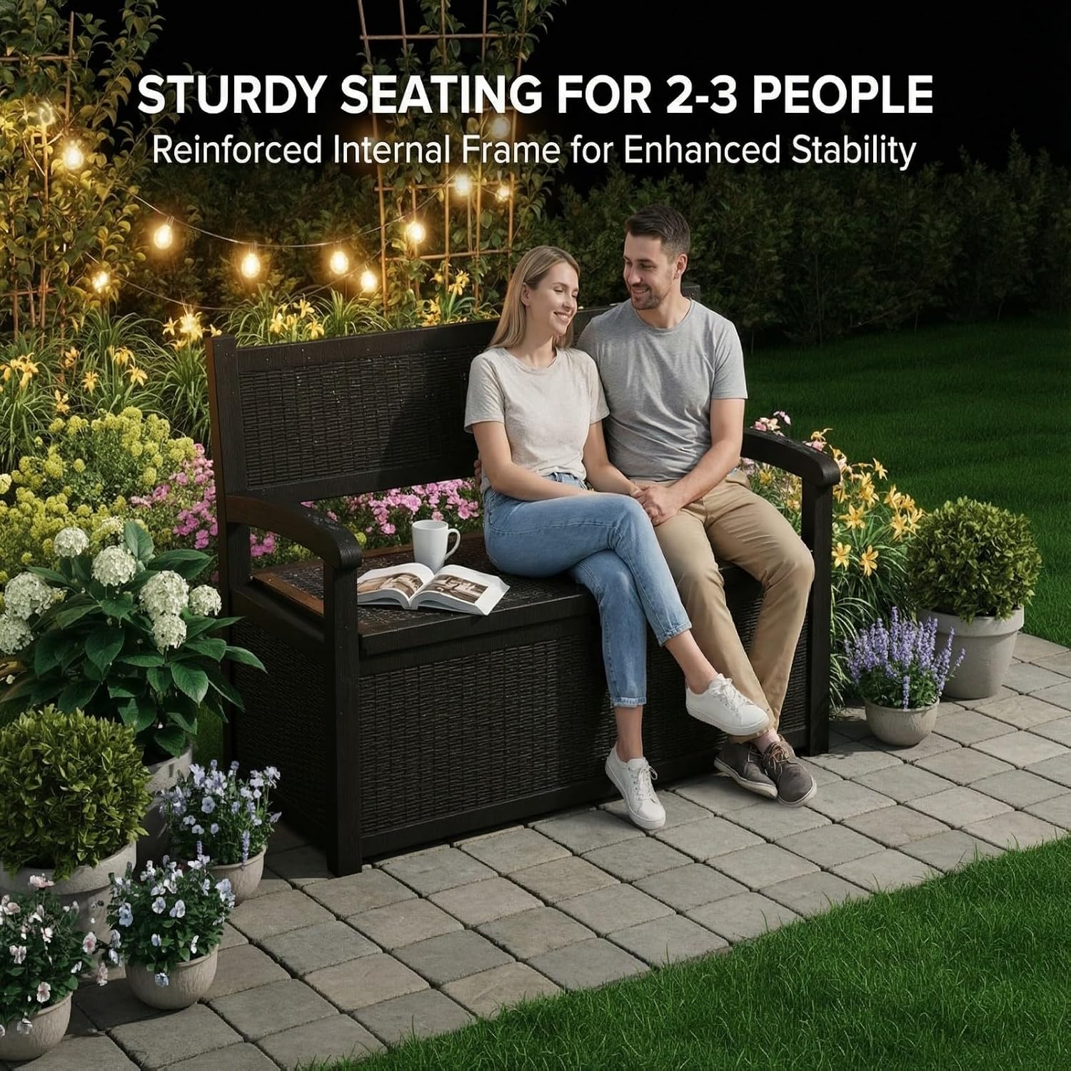 80 Gallon Outdoor Storage Bench, Waterproof Patio Deck Box with Lockable Lid for Garden & Porch, All-Weather Resin Furniture for Cushions, Tools, Pool Accessories