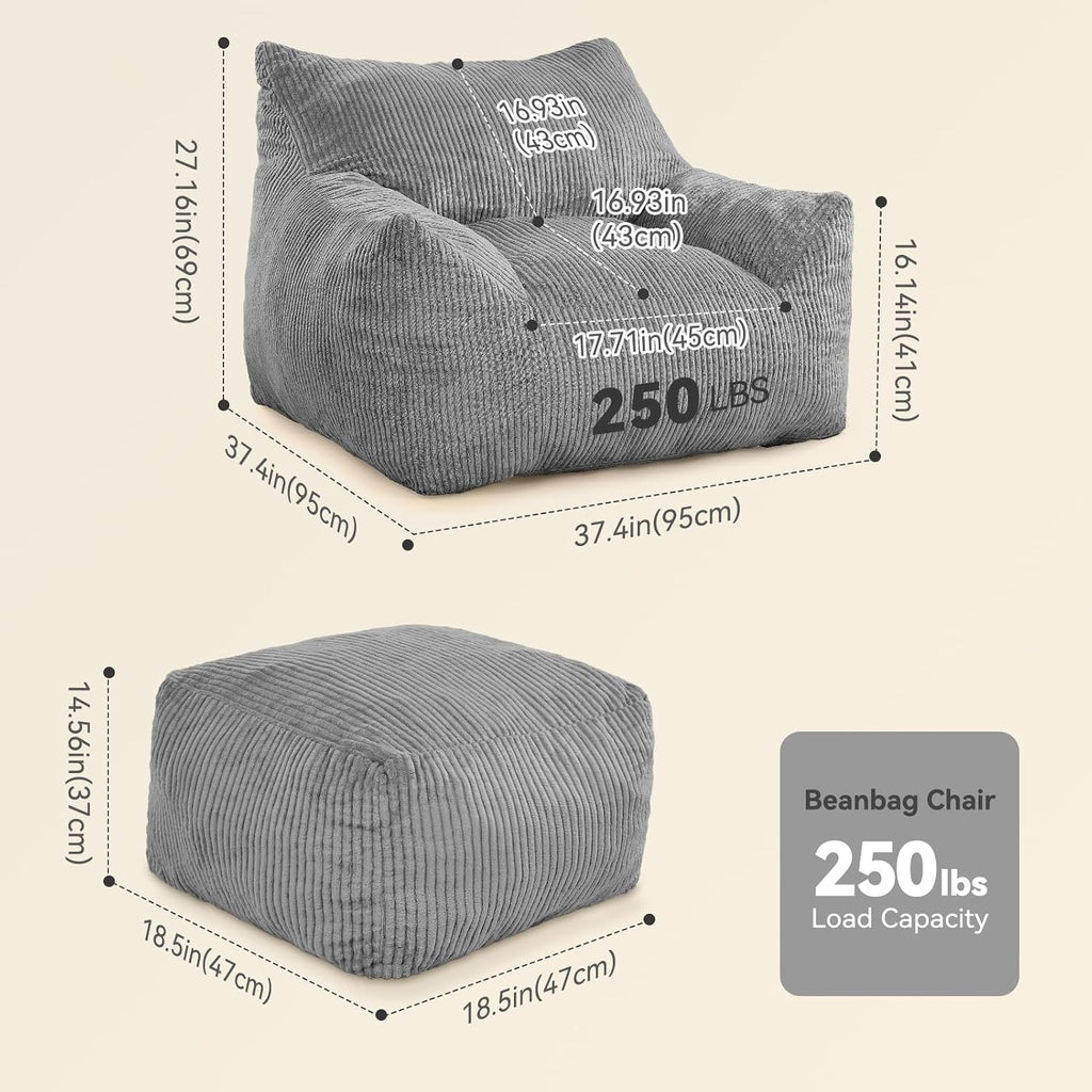 Bean Bag Chair with Ottoman, Oversized Memory Foam Cloud Boneless Couch, Plush Corduroy Beanbag Set for Adults, Teens, Gift for Bedroom, Dorm, Living Room, Reading Nook, Gaming & Lounge (Grey)