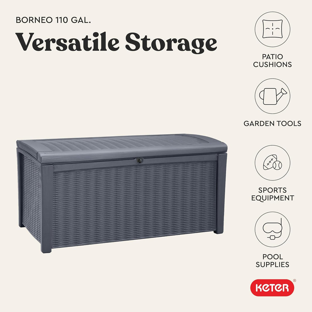 Keter Outdoor Storage Deck Box for Patio, Backyard & Garden, Borneo, 110 Gal, Grey - Lockable, Organizing, and Waterproof Plastic Container Bench