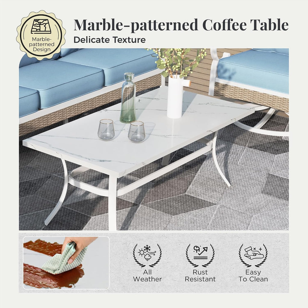 4 Piece Metal Patio Furniture Set, 5-Seat All Weather Outdoor Conversation Set with 3-Seat Sofa & 2 Fixed Chairs & 47'' Coffee Table, Outdoor Furniture Set for Backyard, Deck, Garden, White/Blue