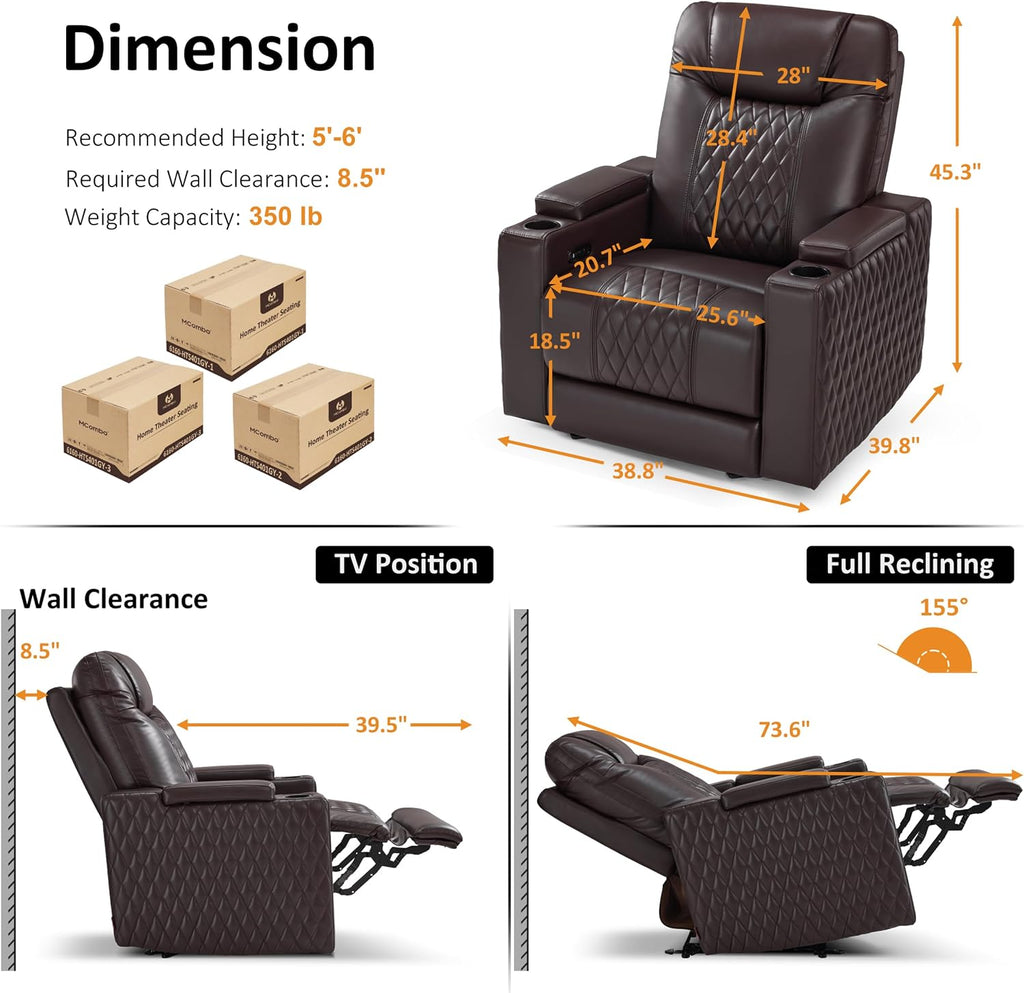 MCombo Oversized Power Recliner Chair with Adjustable Headrest & LED Light for Adults, Zero Gravity Recliner with USB & Type C Ports, Cup Holders for Living Room & Home Theater, Faux Leather HTS401