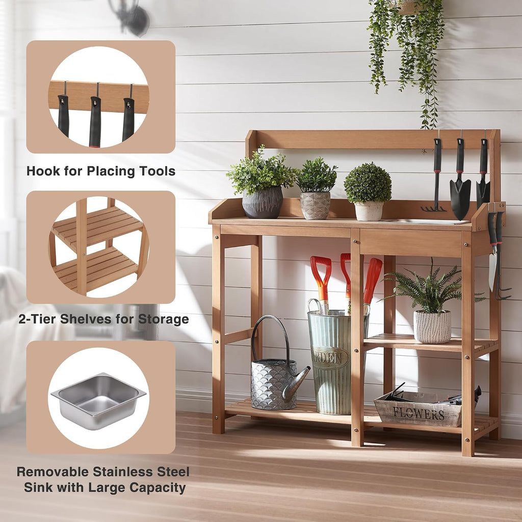 Psilvam Outdoor Potting Bench with Sink, Rot-Resistant HDPS Potting Table for Outside Garden, All-Weather Use, (Teak)