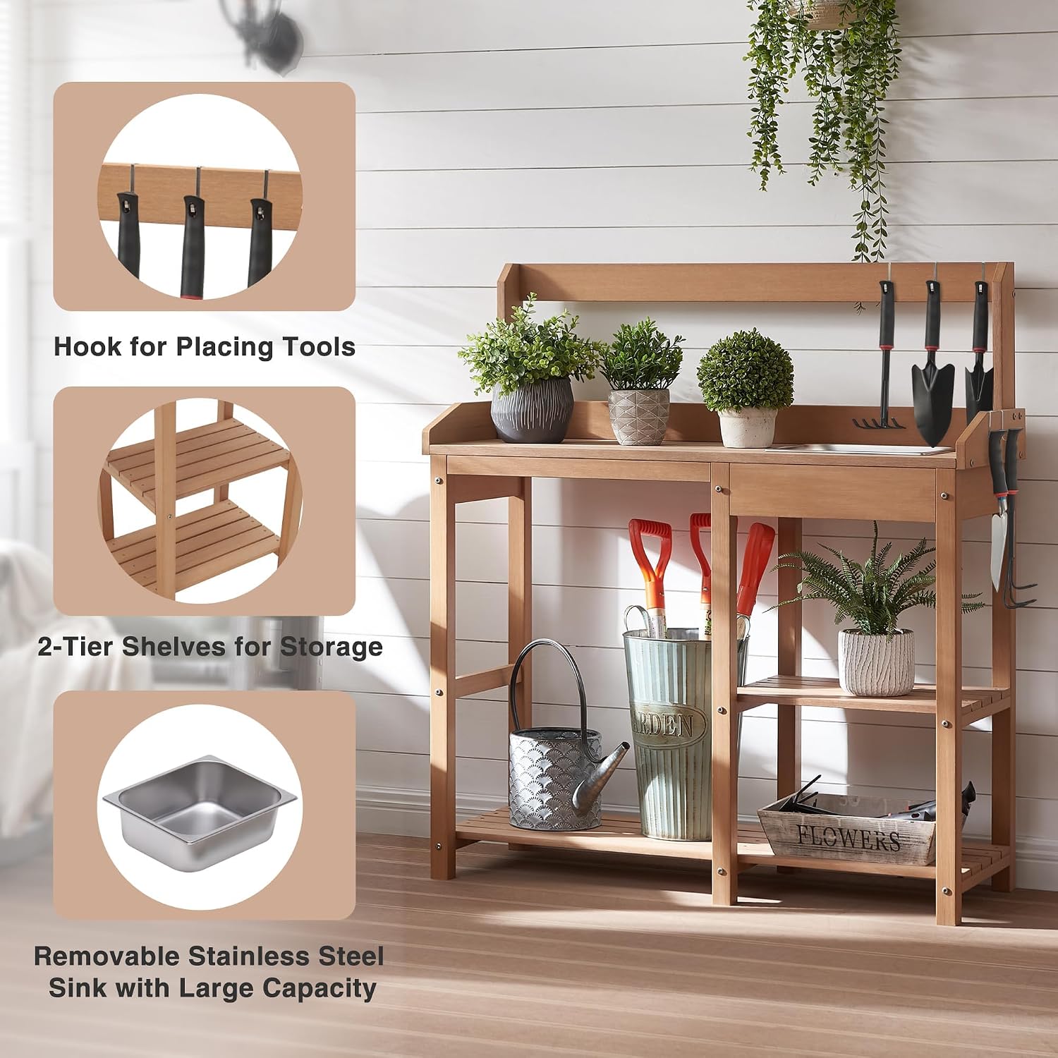 Psilvam Outdoor Potting Bench with Sink, Rot-Resistant HDPS Potting Table for Outside Garden, All-Weather Use, (Teak)
