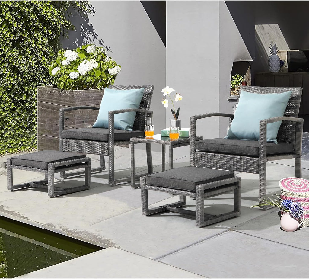 Patiorama 5 Piece Outdoor Patio Wicker Furniture Set, All Weather Grey PE Rattan Chair and Ottoman Footstool Set, W/Coffee Table, Cushions (Dark Grey) for Garden, Balcony, Porch, Space Saving Design